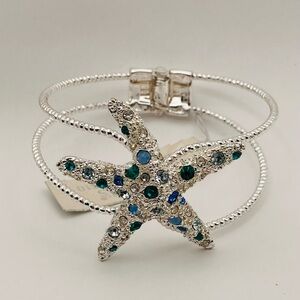 STARFISH CUFF BRACELET with Green Blue Rhinestones Silver Tone